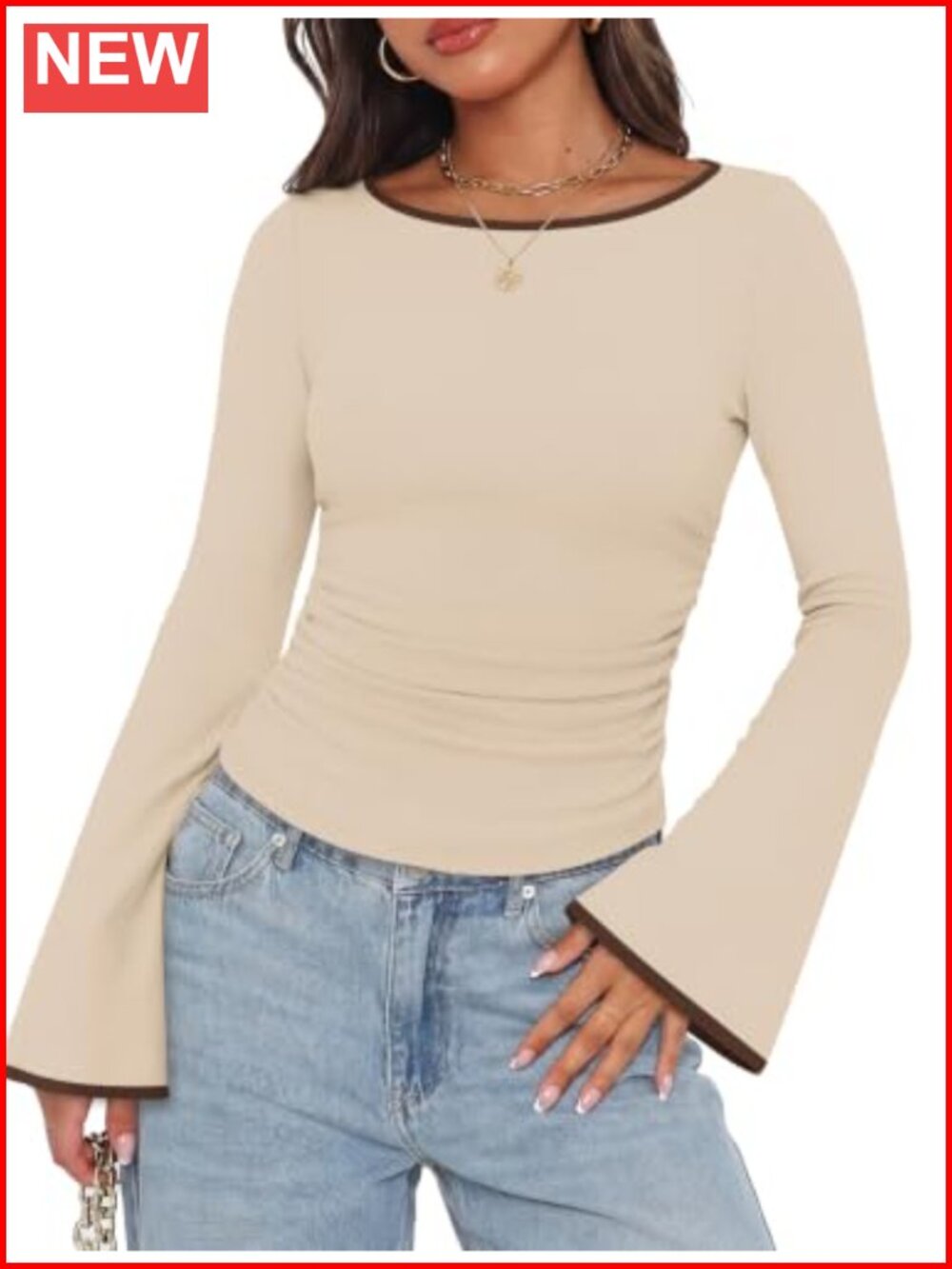 Womens Fitted Boat Neck Bell Sleeve Ribbed Knit Top Long Sleeve Ruched Waist
